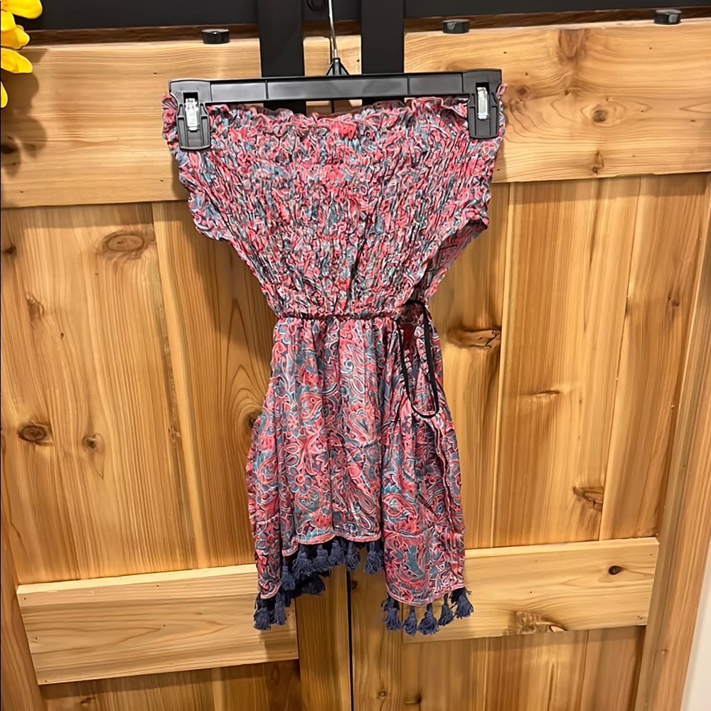 RAGA Strapless Dress in Pink and Blue with Cut Out Waist
